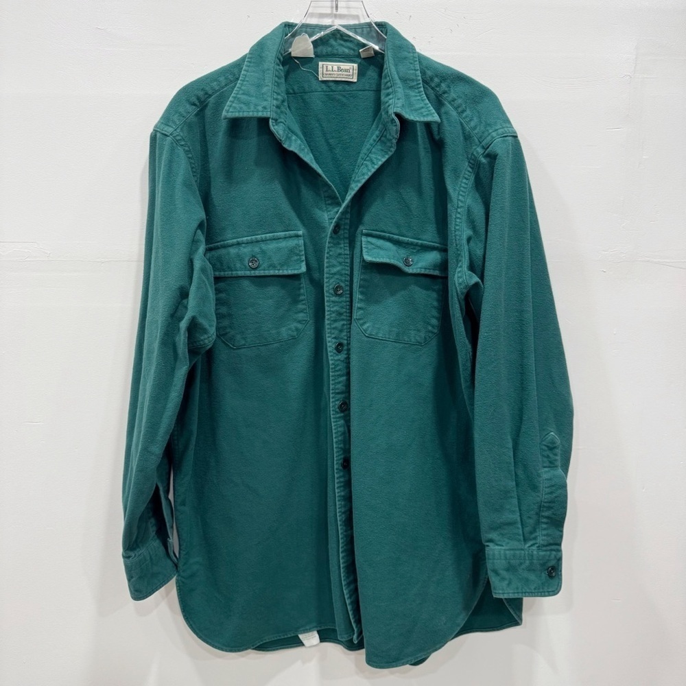 L.L. Bean Chamois Cloth Shirt Green Button-Up Shirt Long Sleeve 17.5 Tall Cotton